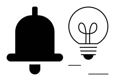 Minimalist siyah uyarı zili ve ampul uyarıları, yenilikleri ve fikirleri temsil ediyor. İletişim, bilgilendirme, yaratıcılık, farkındalık, beyin fırtınası, üretkenlik düzlüğü için ideal basit