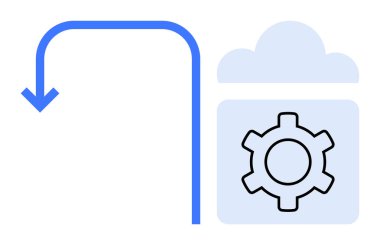 Teknoloji ve otomasyonu temsil eden bir çark ile minimum bulut şekli. Akış için mavi kavisli ok. Bulut depolama, otomasyon, bütünleşme, yenilik, iş akışı, bilişim çözümleri için ideal