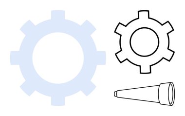 Büyük mavi dişli, çizilmiş siyah dişli, ve teleskop yenilik, mühendislik, keşif, odaklanma, takım çalışması, problem çözmede ilerleme olduğunu gösteriyor. Girişimler için ideal mekanik planlama veya basit