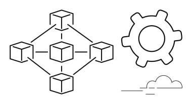 Blockchain 'i temsil eden bağlı küpler, işlemleri sembolize eden dişliler ve teknoloji için bulut. Engelleme zinciri, teknoloji, veri, otomasyon, geliştirme ağı bulutu için ideal. Düz basit metafor