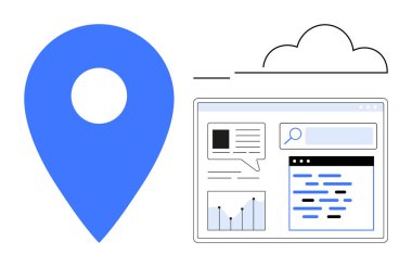 Mavi harita iğnesi, arama çubuğu, web sitesi arayüzü, veri görselleştirme, metin blokları ve bulut ana hatları. Navigasyon, veri yönetimi, konum hizmetleri analitik bulut teknolojisi iş çözümleri için ideal