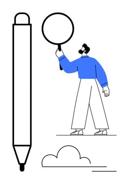 Sakallı adam bir büyüteç tutuyor, bir kalem ve asgari bulut yakınındaki çevreyi inceliyor. İş arama, keşif, yaratıcılık, problem çözme, yeni fikirler, teftiş, basit iniş sayfası için ideal