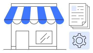 Evrakları ve vites simgesi olan mavi-beyaz bir dükkan, işletme, evrak işleri ve sistem yönetimini temsil ediyor. Küçük işletme kurulumu, perakende, işlemler, yönetim ve uyum girişimi için ideal