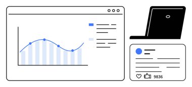 Grafikli analitik paneli, başparmakları ve yorumları olan sosyal medya iletisi, çevrimiçi izleme için dizüstü bilgisayarı. Veri analizi, sosyal medya, üretkenlik, pazarlama ve iş stratejisi için ideal