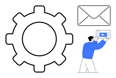 Ayarlar için vites, posta iletişimi için zarf, video ekranlı adam. Teknoloji, e-posta, otomasyon, iletişim, video içeriği, kullanıcı talimatları basit iniş sayfası için ideal