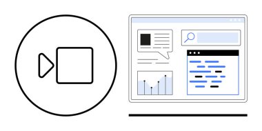 Web tarayıcı ekranının yanında grafik, metin ve arama çubuğu içeren dijital oynatma düğmesi. Medya, içerik oluşturma, teknoloji, analitik, eğitim, araştırma pazarlama için ideal