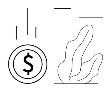 Dolar işaretli bozuk para soyut bitki şekillerinin yanına düşüyor. Para, yatırım, iş, finans, büyüme, tasarruf, minimalizm, basit iniş sayfası için ideal