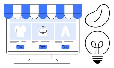 Masaüstü ekranında giysi ve aksesuarlar, alışveriş arabasının düğmeleri, tente tasarımı, fasulye şekli ve yaratıcılık için ampul ikonu. Ecommerce, perakende, yenilik, alışveriş yaratıcılığı için ideal