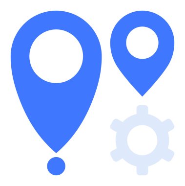 Mavi lokasyon pimleri bir dişli sembolü ile eşleştirilmiş, navigasyon ve konfigürasyon temalarını birleştiriyor. Seyahat, harita, uygulama ayarları, teknoloji, yazılım geliştirme, GPS navigasyon, arayüz tasarımı için ideal