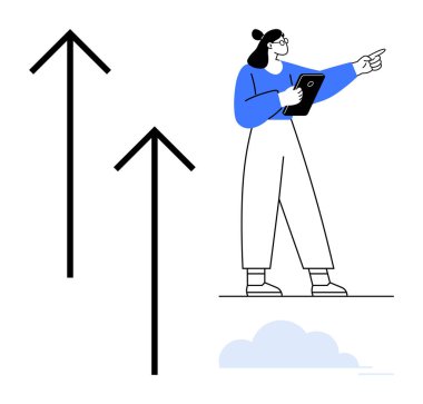 Kadın, tableti yukarı doğru çıkan cesur okların yanında tutarken başarıyı simgeliyor. Motivasyon, liderlik, kariyer, takım çalışması, planlama, hedefler ve basit iniş sayfası için ideal