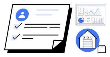 Kontrol işaretli görev kâğıdı, çizelgeli analitik panel, depo grafiği. Lojistik, yönetim, veri analizi, depolama, verimlilik, e-ticaret için ideal basit iniş sayfası