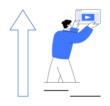 Video arayüzü taşıyan adam, yukarı doğru büyümeyi temsil eden mavi ok, ilerleme. İş için ideal, dijital pazarlama, özel dersler, çevrimiçi öğrenme, içerik oluşturma, büyüme stratejisi basit iniş