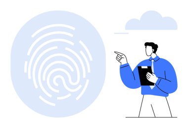 Elinde pano olan bir adam parmak izi grafiğini gösteriyor. Gizlilik, kimlik doğrulama, güvenlik, biyometri, teknoloji, kimlik doğrulama için ideal. Minimalist düz metafor
