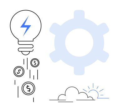 Paralar yayan elektrik ampulü, işlemleri simgeleyen bir dişli ve bulutların üzerinde gün doğumunu simgeliyor. Yenilik, verimlilik, strateji, fikirler, çözümler için ideal enerji ve finans. Düz basit