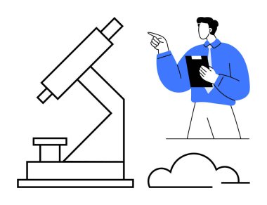 Resmi kıyafetli bir bilim adamı elinde bir pano ile modern bir mikroskop ve bulut diyagramının yakınına doğru hareket ediyor. Bilim, araştırma, veri analizi, yenilik ve eğitim için ideal