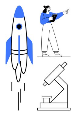 Dişi bilim adamı elinde bir pano tutuyor, roketin fırlatılışına bakıyor, mikroskop yakınlarda. Bilim, yenilik, araştırma, keşif, eğitim, uzay başlangıç projeleri için ideal