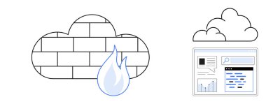 Alev ve analitik grafikle sembolize edilen güvenlik duvarı bir buluta entegre edildi. Siber güvenlik, bulut bilgisayarı, ağ güvenliği, veri koruması, bilişim hizmetleri, sistem izleme, basit