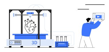Gelişmiş 3D yazıcı bir araştırmacı verileri incelerken anatomik kalp üretiyor. Yenilik için ideal, tıbbi teknoloji, araştırma, biyoteknoloji, gelecekteki gelişmeler, sağlık hizmetleri, basit iniş sayfası
