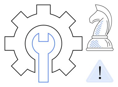 Vites ve ingiliz anahtarı araçları ve optimizasyonu simgeler, strateji için satranç şövalyesi, ve dikkat ve dikkat için alarm üçgeni. Strateji, bakım, risk yönetimi, yenilik ve planlama için ideal