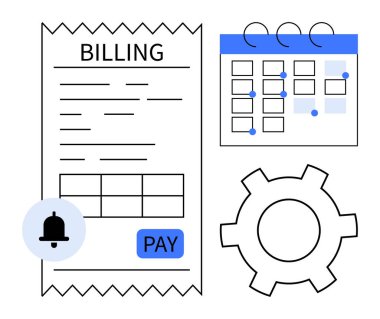 Ödeme düğmeli fatura, işaretli tarihli takvim, hatırlatma zili ve dişli simgesi. Finans, otomasyon, ödeme sistemleri, hatırlatıcılar, program yönetimi organizasyonu için idealdir