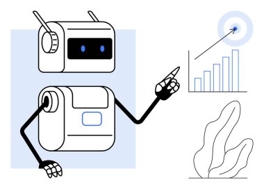 Robot, yapay zekayı, yeniliği ve başarıyı temsil eden bitkilerin yakınındaki bir bar tablosunu işaret ediyor ve analiz ediyor. Otomasyon, analitik, teknoloji, eğitim, araştırma sunumları için idealdir.