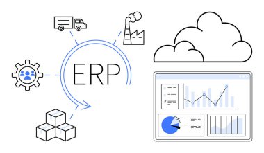 Merkezi ERP konsepti, fabrika, lojistik, bulut, veri analizi, takım yönetimi ve envanter. İşletme yönetimi, işlem otomasyonu, dijital dönüşüm lojistiği için ideal