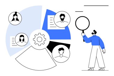 İş gücü profillerini tarayan bir adam pasta grafiği, iş profilleri ve teçhizat yanında büyüteç kullanıyor. İşe alım, İK, takım çalışması, veri analizi, kariyer planlaması, yönetim için ideal basit iniş