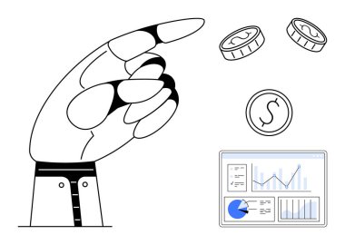 Robot el, madeni paralara ve finansal çizelge ve grafikleri gösteren bir gösterge paneline el hareketi yapıyor. Teknoloji, finans, yapay zeka, yenilik, otomasyon, yatırımlar, basit iniş sayfası için ideal