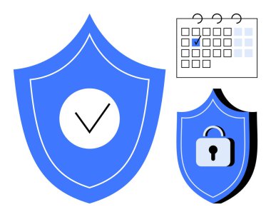İşaretli mavi kalkan, işaretli tarihli takvim, güvenlik ve organizasyonu simgeleyen kilit amblemi. Siber güvenlik, veri yönetimi, zamanlama, güvenilirlik, gizlilik, koruma için ideal