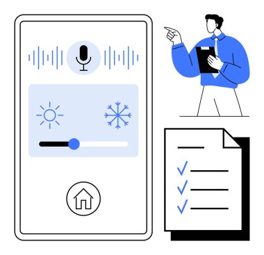 Smartphone arayüzü ses komutu ve ısı kaydırıcı, kontrol listesi ve görevleri yöneten adam. Ev otomasyonu, üretkenlik, teknoloji, organizasyon, verimlilik, planlama zekası için ideal