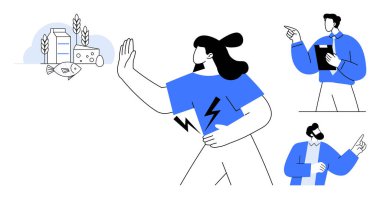 Midesini tutan ve alerjik gıdalara hayır diyen bir kadın, iki profesyonel tavsiye ederken süt ve balığa parmak basıyor. Sağlık farkındalığı, beslenme seçenekleri, gıda alerjisi, tıbbi destek için ideal