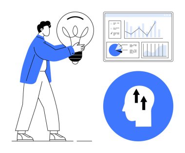 Ampul tutan adam, grafikli veri paneli ve fikirleri ve ilerlemeyi sembolize eden oklarla kafası. Eğitim, takım çalışması, üretkenlik, yenilik, yaratıcılık, strateji sade iniş için ideal