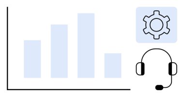 Bar tablosu, veri analizi ve büyüme eğilimlerinin yanı sıra ayarlar veya üretkenlik için bir dişli sembolü ve müşteri desteği için bir kulaklığı temsil eder. Analiz, hizmet, yönetim, çözümler için ideal