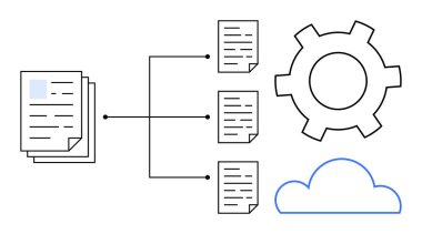 Bireysel dosyalara, otomasyonu temsil eden ekipmanlara ve bulut grafiklerine bağlı belge yığını. Veri organizasyonu, iş akışı, bulut depolama, otomasyon, dijital dönüşüm için ideal