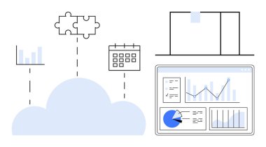Bulut çizelgeler, takvim, bulmaca parçaları ve analitik gösterge paneliyle etkileşir. İş stratejisi, veri yönetimi, bulut hesaplama, üretkenlik, bütünleşme analizleri için ideal basit iniş sayfası