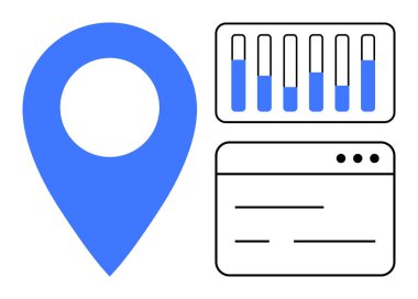 Mavi konum broşu dikey çubuk grafiği ve tarayıcı konsolu arayüzünün yanında. Veri analizi, navigasyon, izleme, konum belirleme, iş stratejisi, planlama ve basit iniş sayfası için ideal