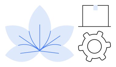 Doğrusal aksanlı soyut nilüfer çiçeği, yeniliği temsil eden bir çark ve bir kutu elementi. Çevre, teknoloji, denge, üretkenlik, tasarım, farkındalık için ideal düz metafor