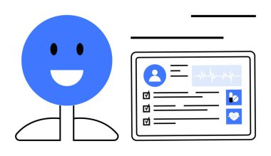 Tablette, kalp verileri, kontrol listeleri ve simgeleri gösteren dijital sağlık profilinin yanındaki mavi gülümseme. Sağlık, zindelik, sağlık takibi, teletıp, kullanıcı arayüzü, dijital