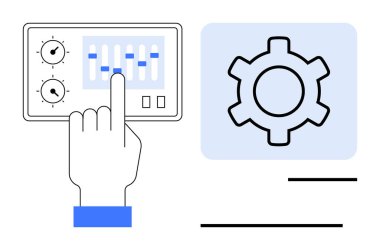 Bir vites simgesinin yanındaki kontrol paneliyle el etkileşimi. Teknoloji, kullanıcı arayüzü, özelleştirme, sistem ayarları, kontrol, otomasyon ve basit bir iniş sayfası için ideal