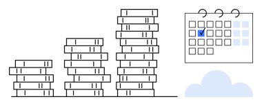 Yükselen bozuk paralar, işaretli tarihli takvim ve altındaki bulutlar. Finans, yatırım, tasarruf, planlama, teknoloji veri depolama organizasyonu için ideal. Düz basit metafor