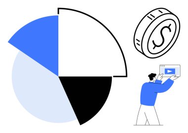 Pasta grafiği, üzerinde dolar işaretli madeni para ve elinde küçük resim tutan bir adam. Analiz, finans, ekonomi, pazarlama, veri görselleştirme, iş stratejisi basit iniş sayfası için ideal