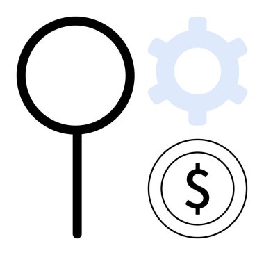 Arama yapmak için büyüteç, işlem geliştirmek için teçhizat ve finans için dolar sikke. İş stratejisi, veri analizi, problem çözme, araştırma, yönetim, verimlilik için idealdir.