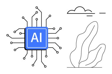 Mavi yapay zeka işlemcisi soyut doğal elementler ve bulutların yanında devre çizgilerine bağlı. Teknoloji, yenilik, makine öğrenimi, yapay zeka kavramları, ilerleme, hesaplama, basit iniş sayfası için ideal