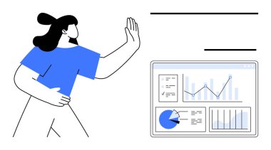 Grafikler, pasta grafiği ve veri elemanlarını gösteren bir panelin yanında el kaldırarak el hareketi yapan bir kadın. Veri analizi, iş stratejisi, teknoloji, eğitim, istatistik ve sunumlar için ideal