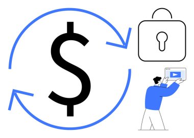 Okları olan yuvarlak dolar işareti, güvenli kilit ve finansal güvenlik, dijital işlemler, ödeme sistemleri, para akışı, şifreleme, fintech ve basit iniş sayfasını gösteren bir tabletle kullanıcı