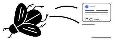 Bağlantı simgeleriyle sosyal medya arayüzüne doğru uçan bir sinek, doğal hayatı dijital temalarla birleştiriyor. Dijital eğilimler, İnternet kullanımı, mizah, sosyal etki ve çevrimiçi eleştiri için ideal