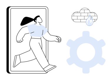 Akıllı telefondan çıkan kadın, su damlacıklarıyla bulut ve dijital dönüşümü temsil eden ekipman. Teknoloji, yenilik, ilerleme, hareket kabiliyeti, bulut hesaplama otomasyonu yaratıcılığı için idealdir. Düz