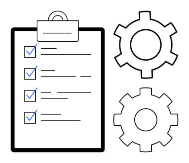Kontrol listesi ve kontrol işaretli pano, görev yönetimini sembolize eden, işlem iyileştirme ve takım çalışmasının verimliliğini sembolize eden iki vites. Çalışma akışı, planlama, proje yönetimi ve strateji için ideal