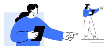 Tabletli bir kadın, liderlik ve karar verme mekanizmasını sembolize eden uzatılmış bir parmakla, kendinden emin bir şekilde hareket eder. Liderlik, takım çalışması, kariyer büyümesi, strateji, rehberlik, vizyon, basit