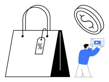 İndirim etiketli minimalist alışveriş çantası, online video izleyen bir kişi ve bir dolar para. E-ticaret, çevrimiçi alışveriş, perakende, pazarlama, indirimler, terfiler için ideal basit iniş sayfası